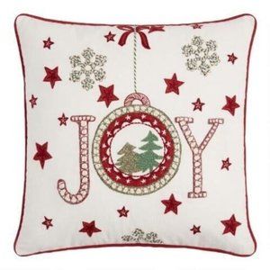 Pier Place White And Red Joy Embroidered Beaded Throw Pillow NEW World M…